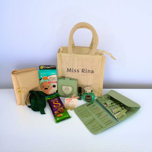 Essential Accessories, Wallet & Candle in Personalized Jute Bag for Her JNK-6419