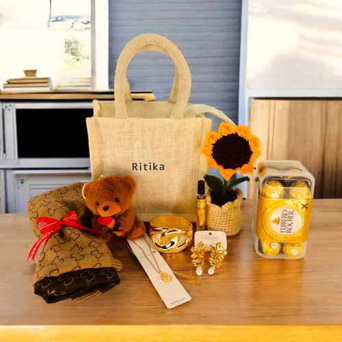 Romantic Gift Hamper for Her with Personaised Bag ,Jewellery, Teddy & Chocolates SK-1745