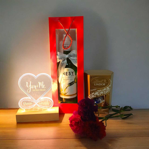 Romantic Sweet Wine & Chocolate Gift Set with Personalized Heart Lamp and Colorful Carnations SK-1748