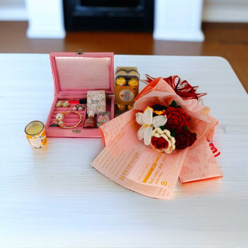 Accessories Gift Box with Chocolates, Candle & Crochet Bouquet for Her JNK-6431