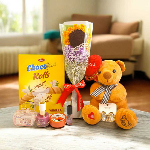Surprise Gift Combo with Teddy & Sunflower Crochet for Her JNK-6433