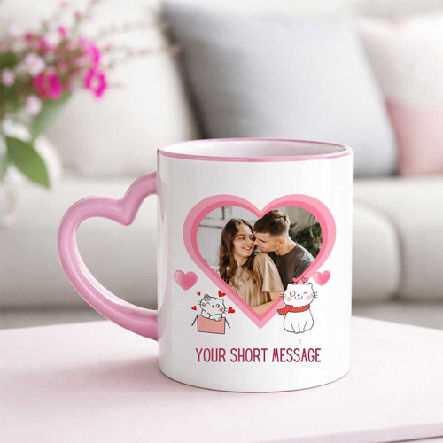 Personalized Photo Heart Handle Mug with Kitty Design