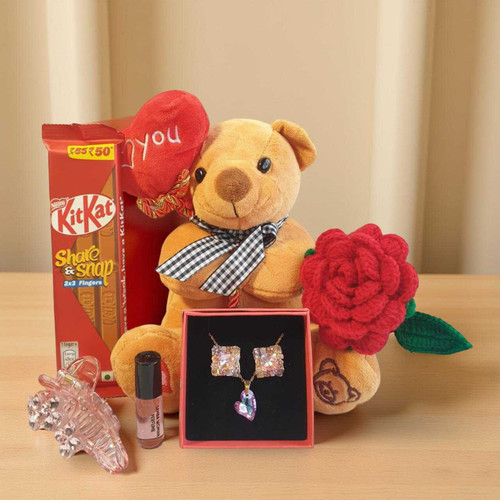 Love Surprise Gift with Teddy, Chocolates, Accessories & Crochet Rose JNK-6449