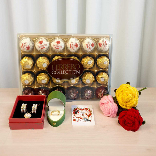 Romantic Valentine’s Gift Set with Chocolates, Jewellery & Crochet Roses SK-1780