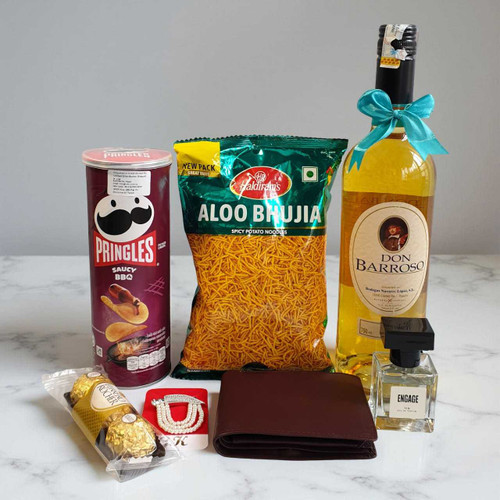 Premium Surprise Hamper for Him- Snacks, Wine & Accessories BPL-956