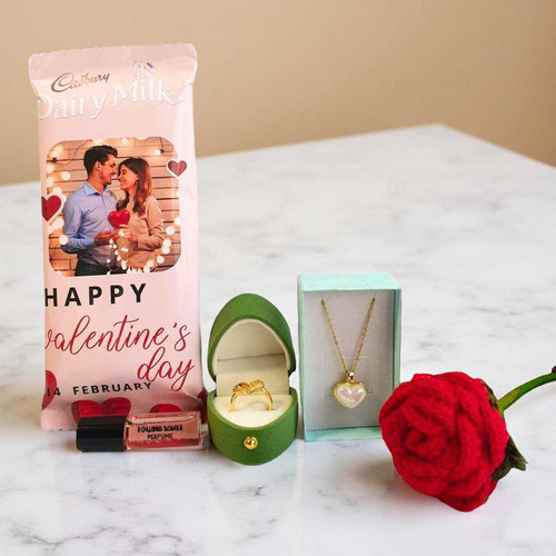 Premium Valentine’s Day Gift Box with Necklace, Ring, & Personalised Chocolate Wrapper SK-1810