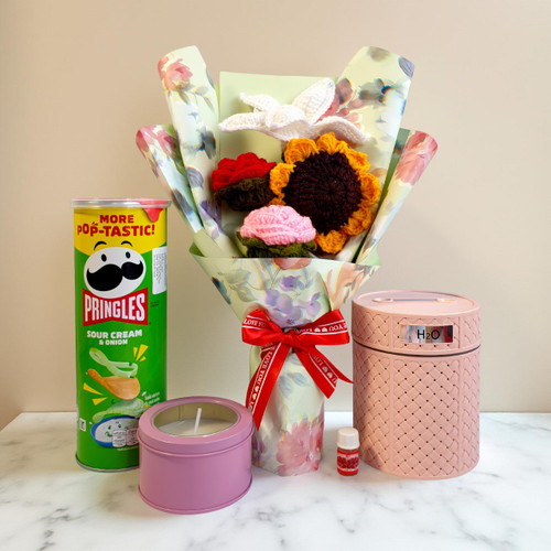 Premium Crochet Flower Bouquet with Humidifier and Treats Gift Set For Her