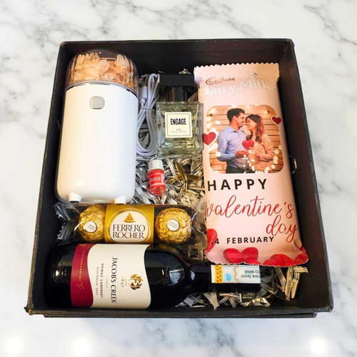Premium Valentine Surprise Box with Wine, Fragrance & Chocolates for Him JNK-6490