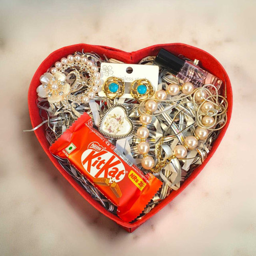 Curated Red Heart Gift Hamper with Jewellery, Perfume & Sweets for Her SK-1831
