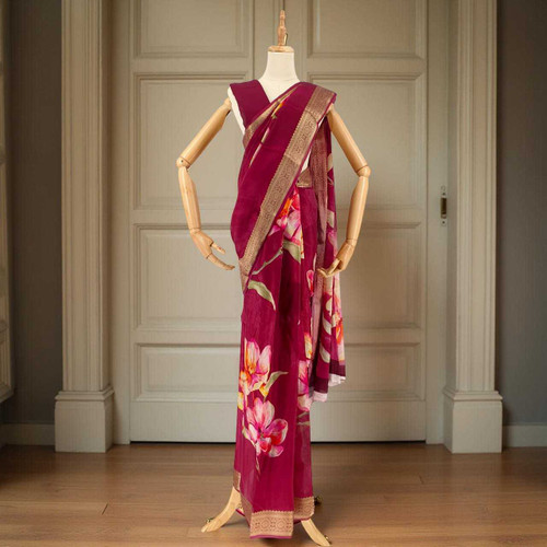 Elegant Purple Chiffon Saree with Golden Floral Border SR-1379