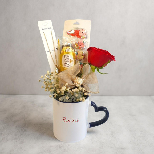 Romantic Gift Set: Rose, Chocolate & Personalised Blue Mug