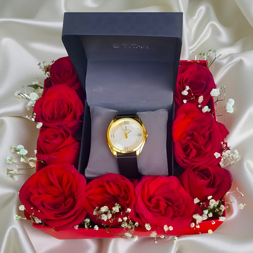 Luxury Love Gift Set For Him – Titan Watch & Red Roses