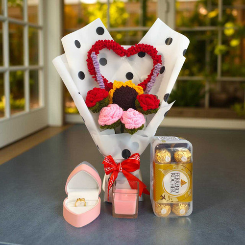Premium Love & Treats Gift Combo for Her – Crochet Bouquet, Chocolates, Candle & Ring JNK-6517