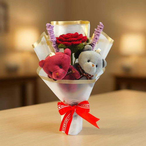 Teddy Keychains & Crochet Flowers in a Bouquet JNK-6552