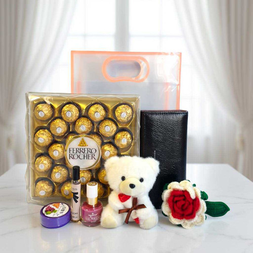 Premium Gift Bag with Wallet, Chocolates & Teddy Keychain for Her JNK-6559