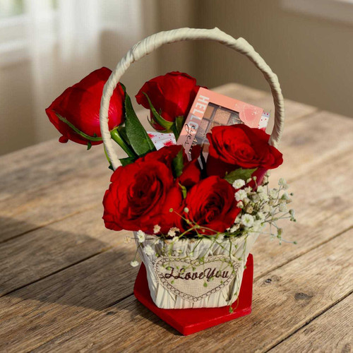 Elegant Gift Basket With Fresh Roses & Cosmetic SK-1885