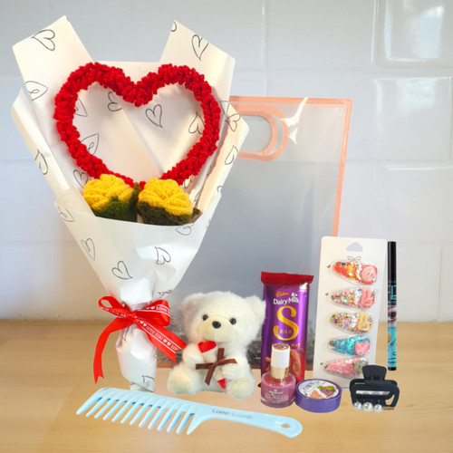 Accessories Gift Bag with Teddy Keychain & Crochet Bouquet for Her JNK-6562