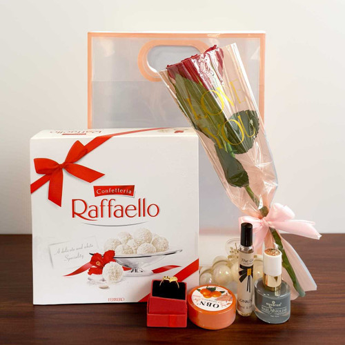 Premium Chocolate & Elegance Gift Set with Perfume, Jewellery & Fresh Rose SK-1888