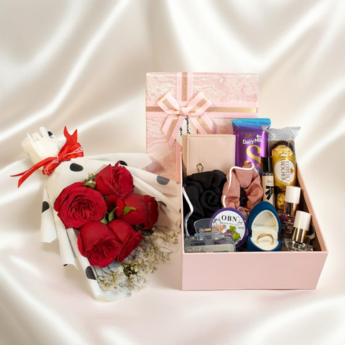 Charming Beauty & Sweet Treats Gift Box for Her with Rose Bouquet