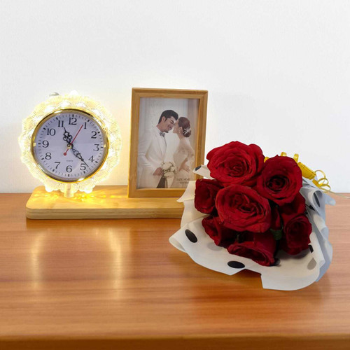 Personalized Photo with LED Lighting Clock & Rose Bouquet JNK-6592