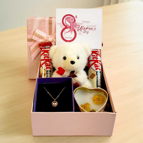 Women’s Day Delight Gift Box with Teddy Keychain, Chocolates, Candle & Necklace