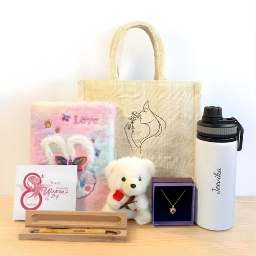 Women's Day Gift Combo with Bag, Personalized Pen & Bottle JNK-6648