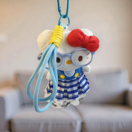 Cute Hello Kitty Keychain with Hanging Strap, Blue Dress & Sunglass 5.5"