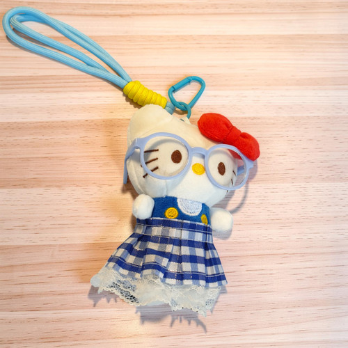 Cute Hello Kitty Keychain with Hanging Strap, Blue Dress & Sunglass 5.5"