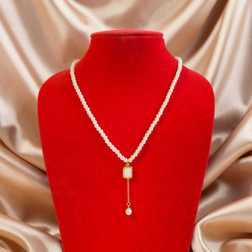 Elegant Pearl Drop with Rectangular Stone Pendant JL-108