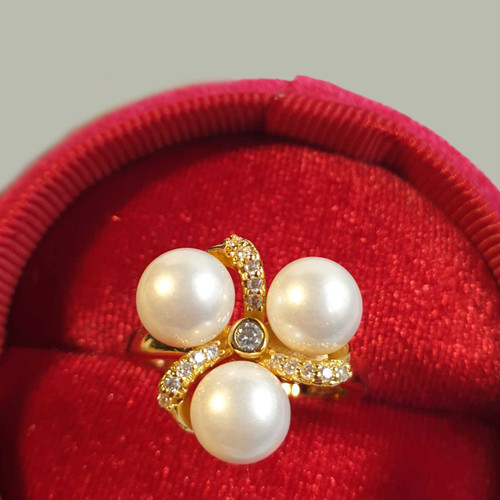 Classic Adjustable Gold Plated Triple Pearl Ring with Crystal JR-0010B