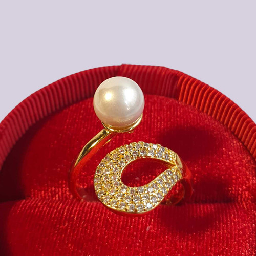 Adjustable Cuff-Style Pearl Ring with Sparkling Crystal JR-0010G