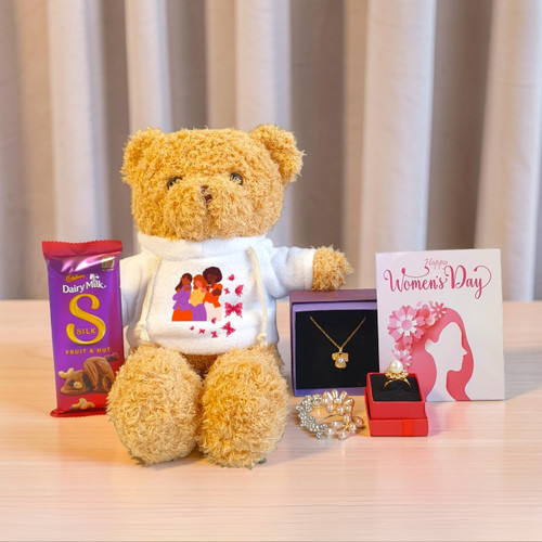 Elegant Women’s Day Hamper with Teddy, Sweets & Jewelry