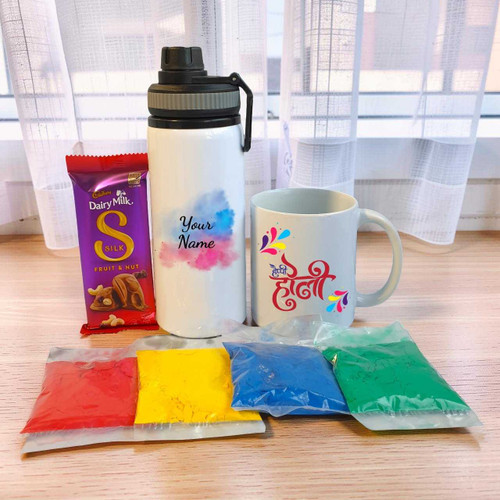 Festive Gift Combo with Personalized Bottle, Colors & Chocolate JNK-6698