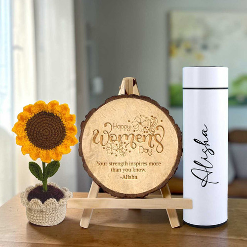 Unique Women’s Day Surprise: Crochet Flower, Custom Bottle & Engraved Log SK-2069