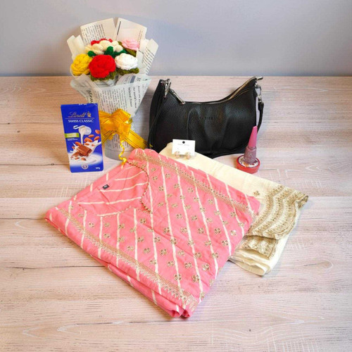 Festive Kurta Suruwal Surprise Gift with Side Bag & Crochet Flowers JNK-6736