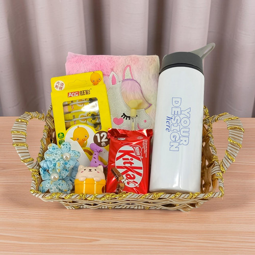 Personalized Bottle & Thoughtful Stationery Gift Basket For Little Girls