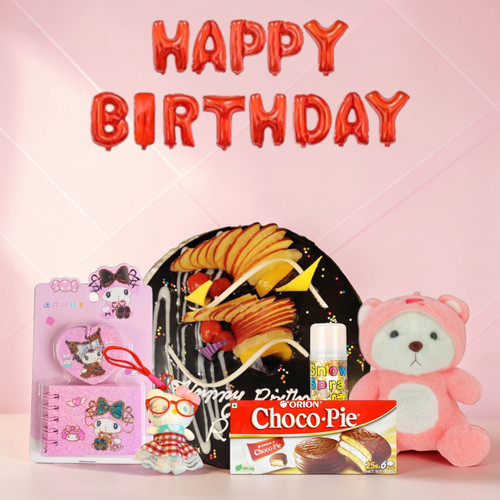 Cute Birthday Surprise Hamper with Teddy & Cake