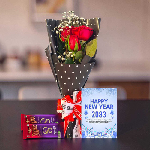 New Year Greetings Card, Rose & Chocolate Gift Set DKG-54