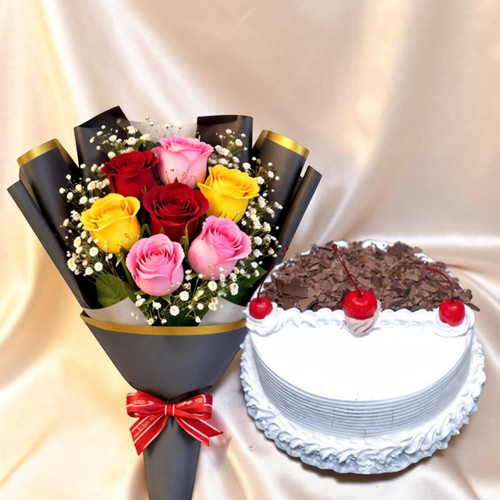 Black Forest Cake with Mixed Roses Bouquet Combo