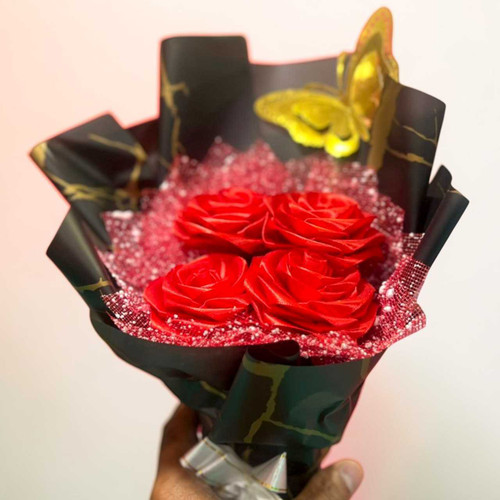 Elegant Red Rose Ribbon Bouquet with Butterfly Topper (Biratnagar Only) BRT-FL-1