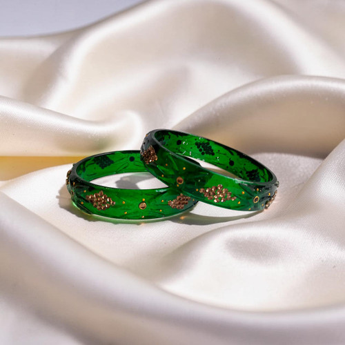 Set of 2 Large Green Kada Bangles with Stones – Size 2-6