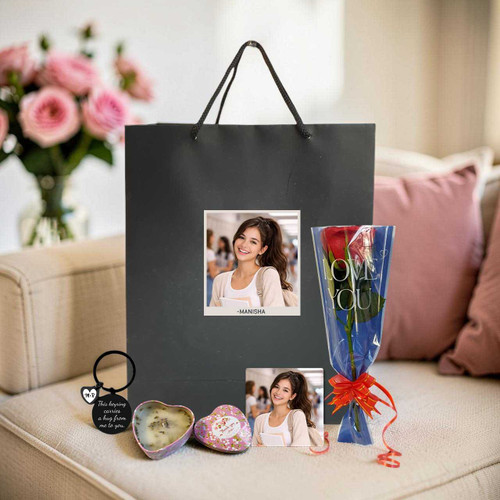 Personalized Romantic Gift Set – Keyring, Heart Candle, Photo Magnet & Red Rose Bouquet SK-2226