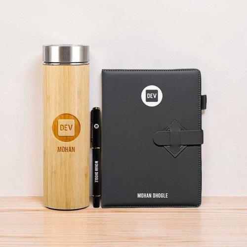Personalized Corporate Gift Set – Custom Diary, Pen & Bamboo Bottle DKG-137