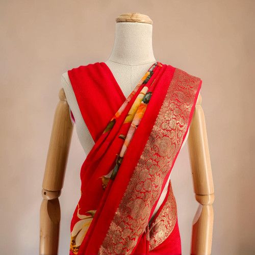 Red Chinon Chiffon Saree with Golden Boarder