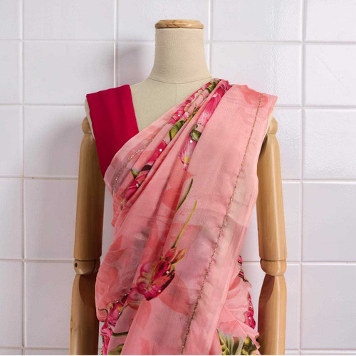 Elegant Light Pink Chiffon Saree with Multicolor Floral Jari Design SR-1391