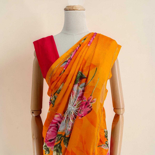 Elegant Orange Chinon Chiffon Saree with Multicolor Floral Jari Design SR-1390