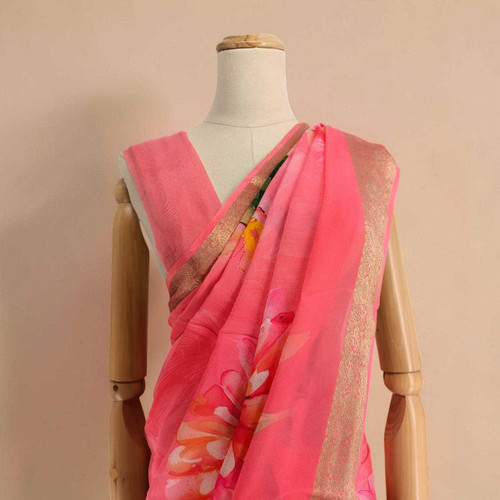 Elegant Chinon Chiffon Saree in Peach with Multicolor Floral Patterns SR-1383
