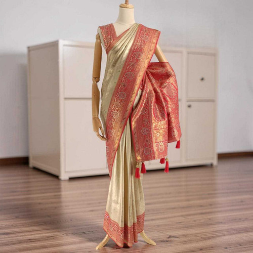 Cream & Red Kanjeevaram Silk Saree with Woven Design SR-1401