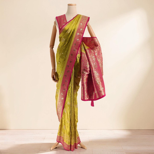 Sunlit Yellow & Pink Banglori Silk Saree with Traditional Woven Border