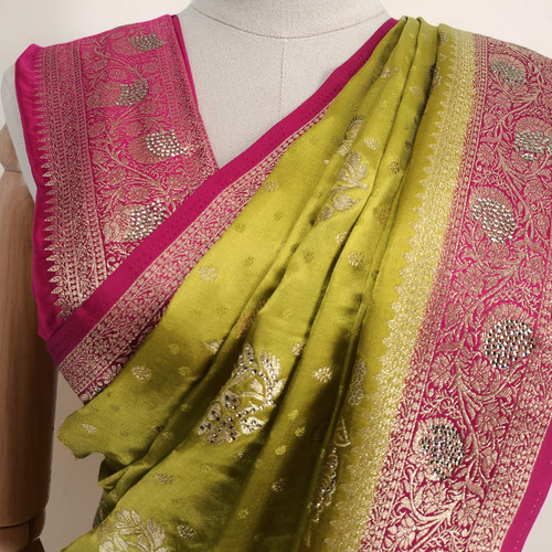 Sunlit Yellow & Pink Banglori Silk Saree with Traditional Woven Border